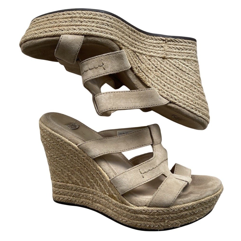 UGG Tawnie Leather Platform Espadrilles‎ Slip On Wedge Sandals Size 8 Nautical